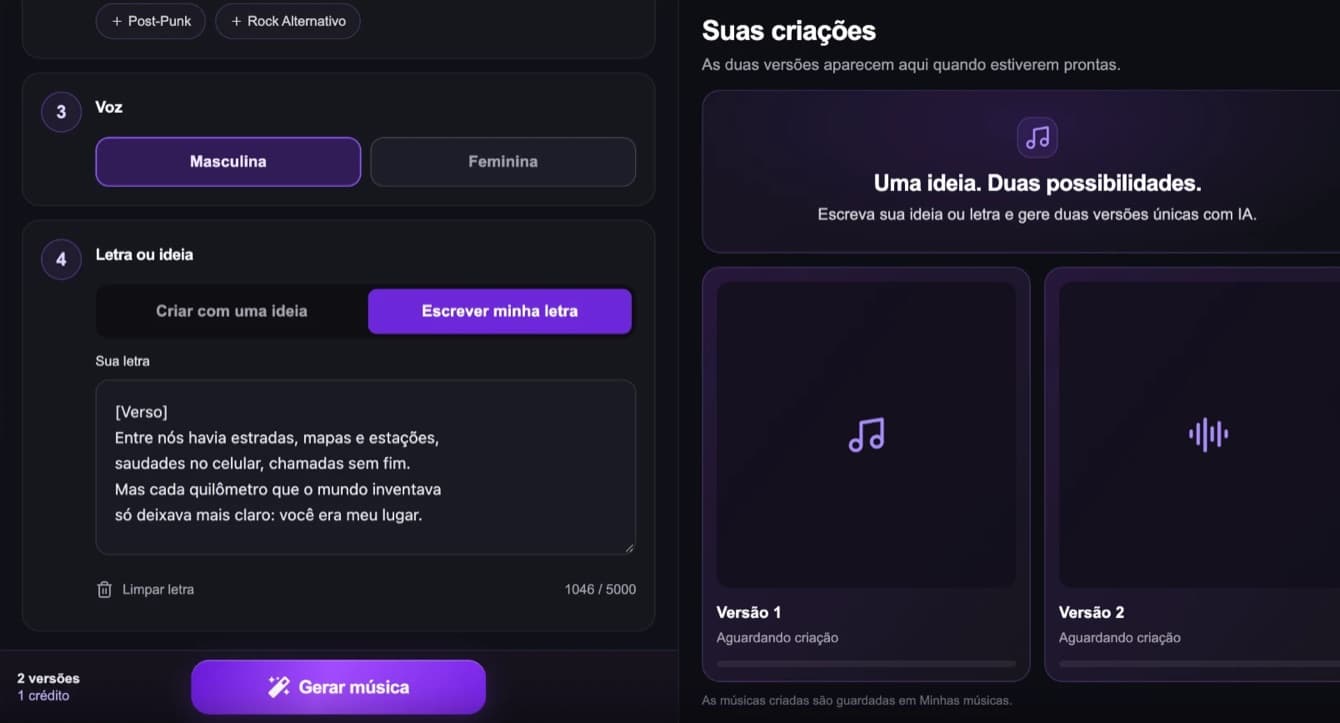 Opção Escrever minha letra com a letra da música